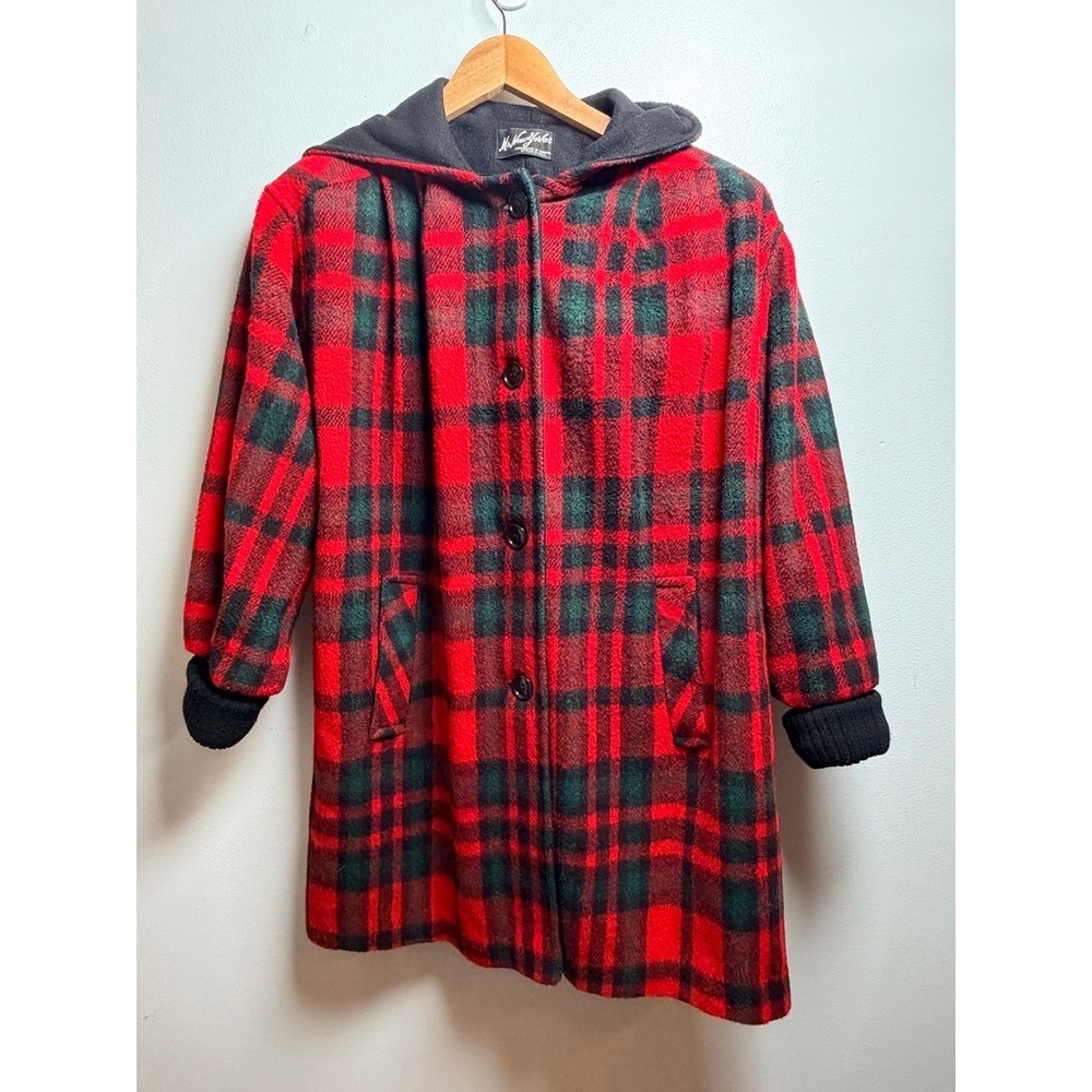 Ms New Yorker Vintage Hooded Plaid Coat Red Green Tartan Button Front Rib Cuffs